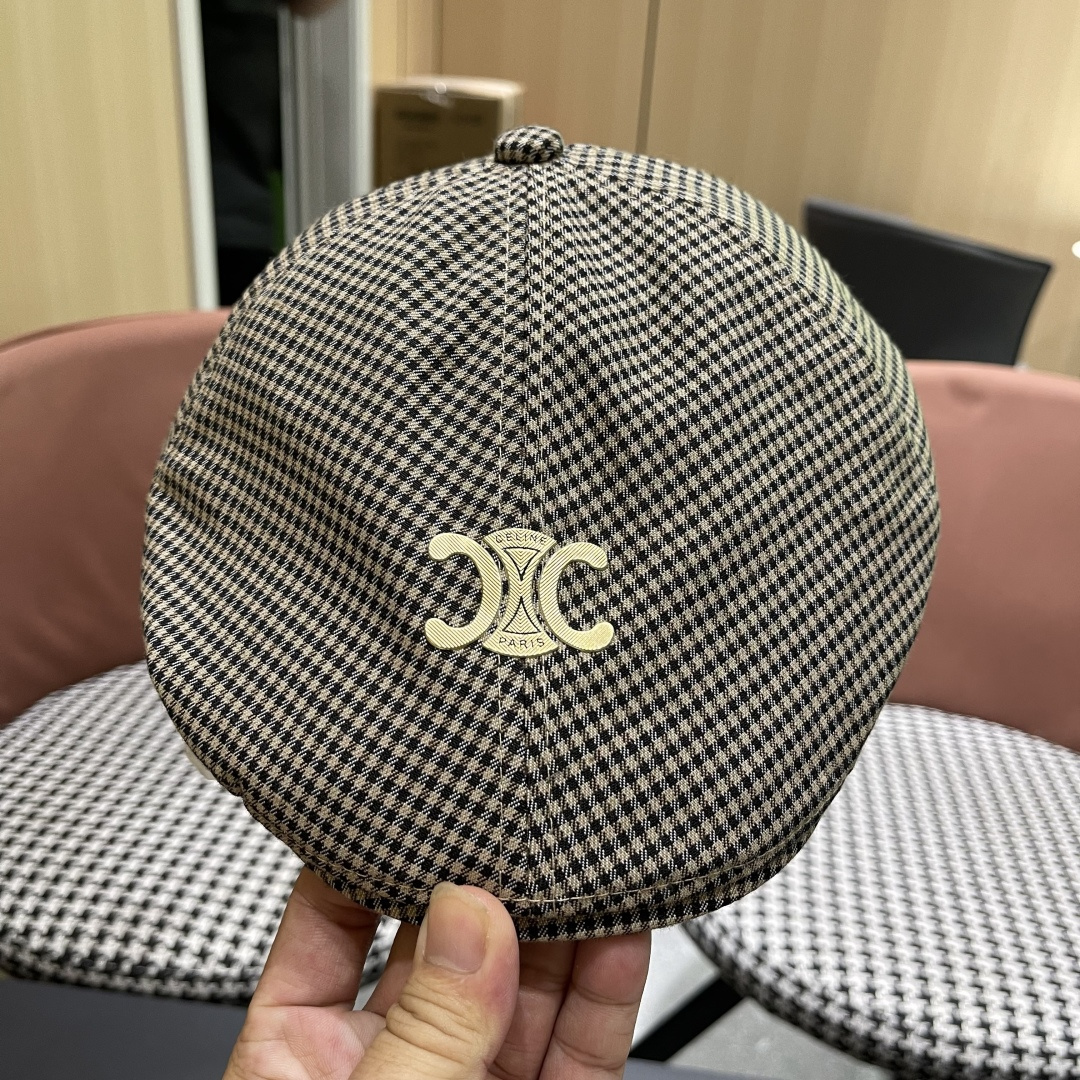  赛琳2025新款韩系格子千格鸟大头围品脸小前进帽