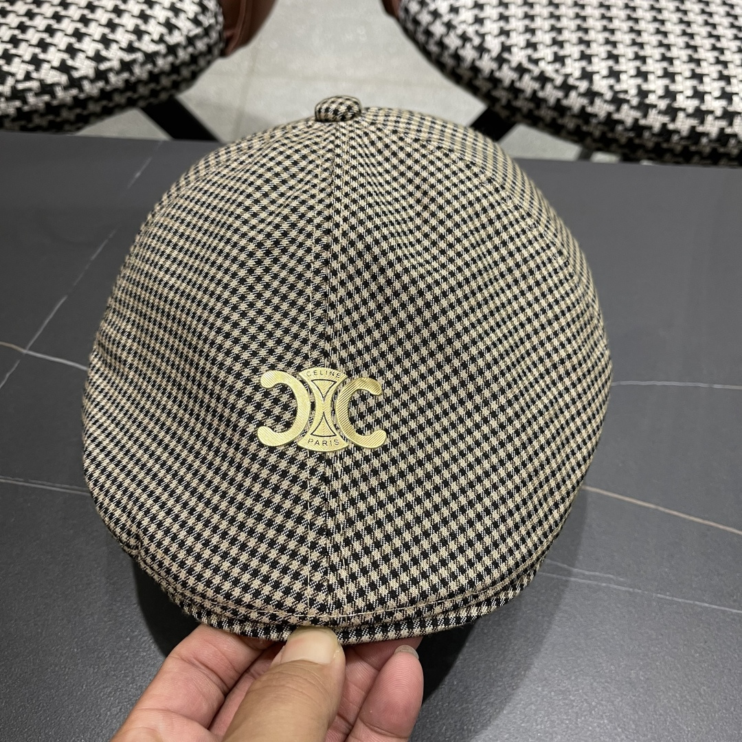  赛琳2025新款韩系格子千格鸟大头围品脸小前进帽