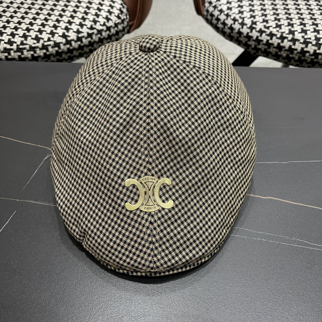  赛琳2025新款韩系格子千格鸟大头围品脸小前进帽