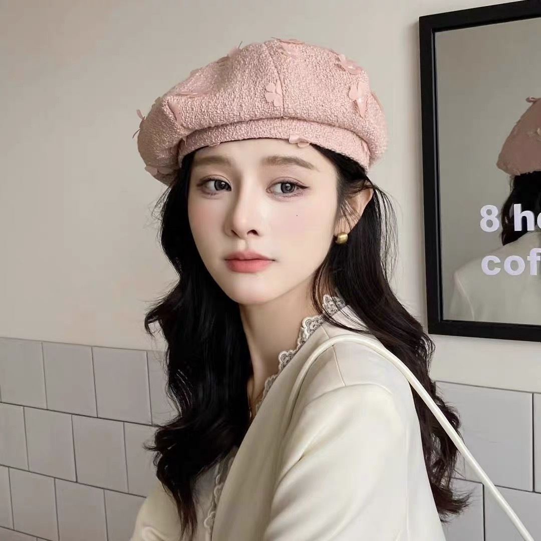  香奈儿2025秋冬季新款纯色花朵贝雷帽子女ins时尚百
搭气质显脸小蓓蕾帽