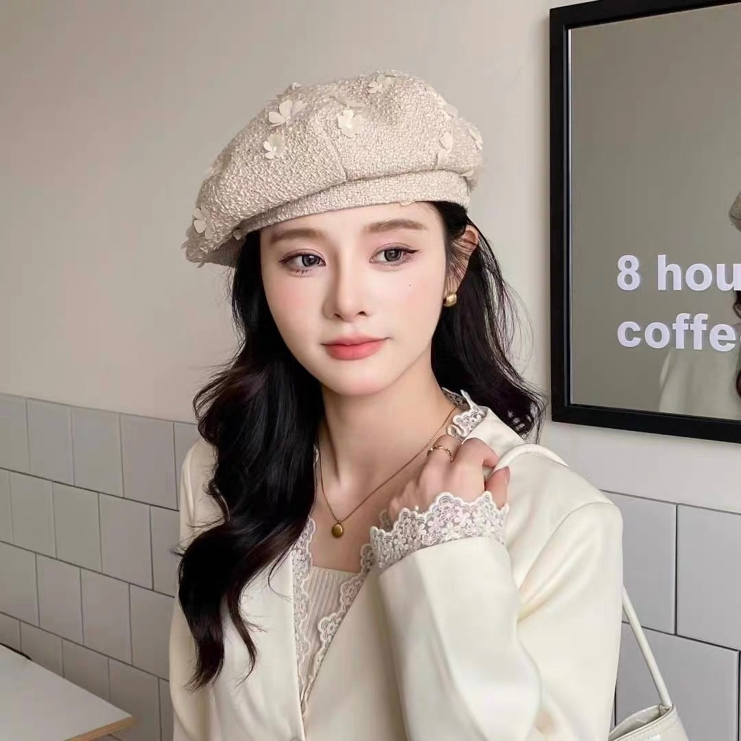  香奈儿2025秋冬季新款纯色花朵贝雷帽子女ins时尚百
搭气质显脸小蓓蕾帽