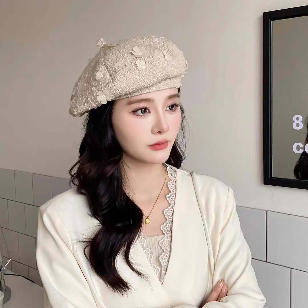  香奈儿2025秋冬季新款纯色花朵贝雷帽子女ins时尚百
搭气质显脸小蓓蕾帽