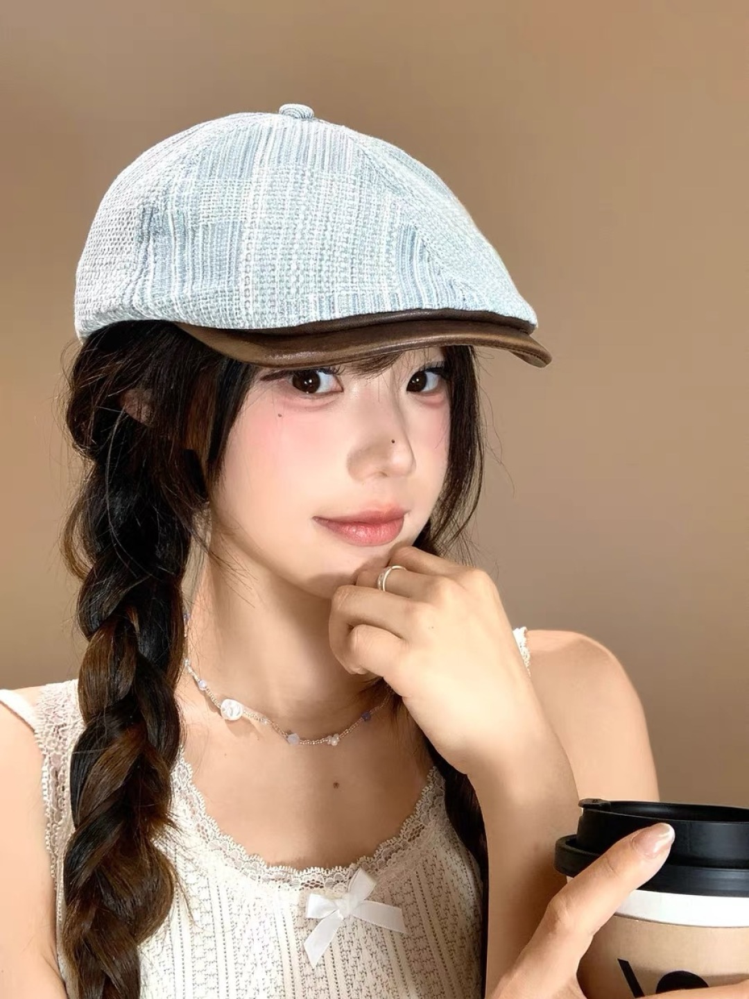  迪奥 日系复古牛仔前进帽女夏文艺休闲百搭皮质
帽檐画家帽鸭舌报童帽子