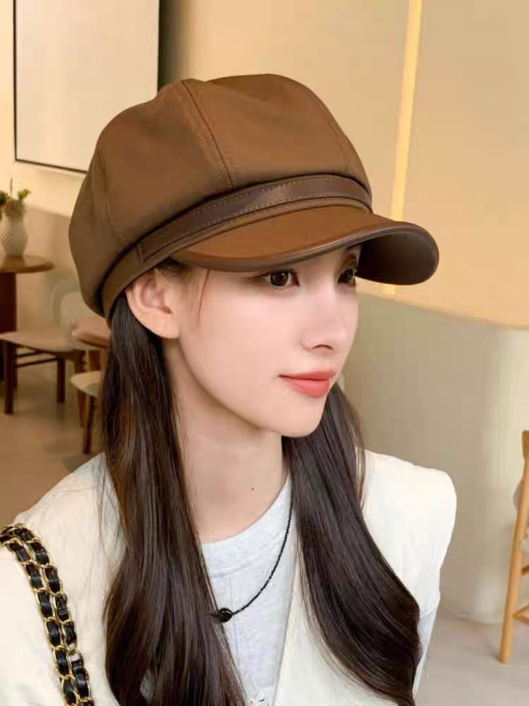  香奈儿 八角帽子女四季款棉质百搭贝雷帽英伦复古大头
围品脸小鸭舌报童帽