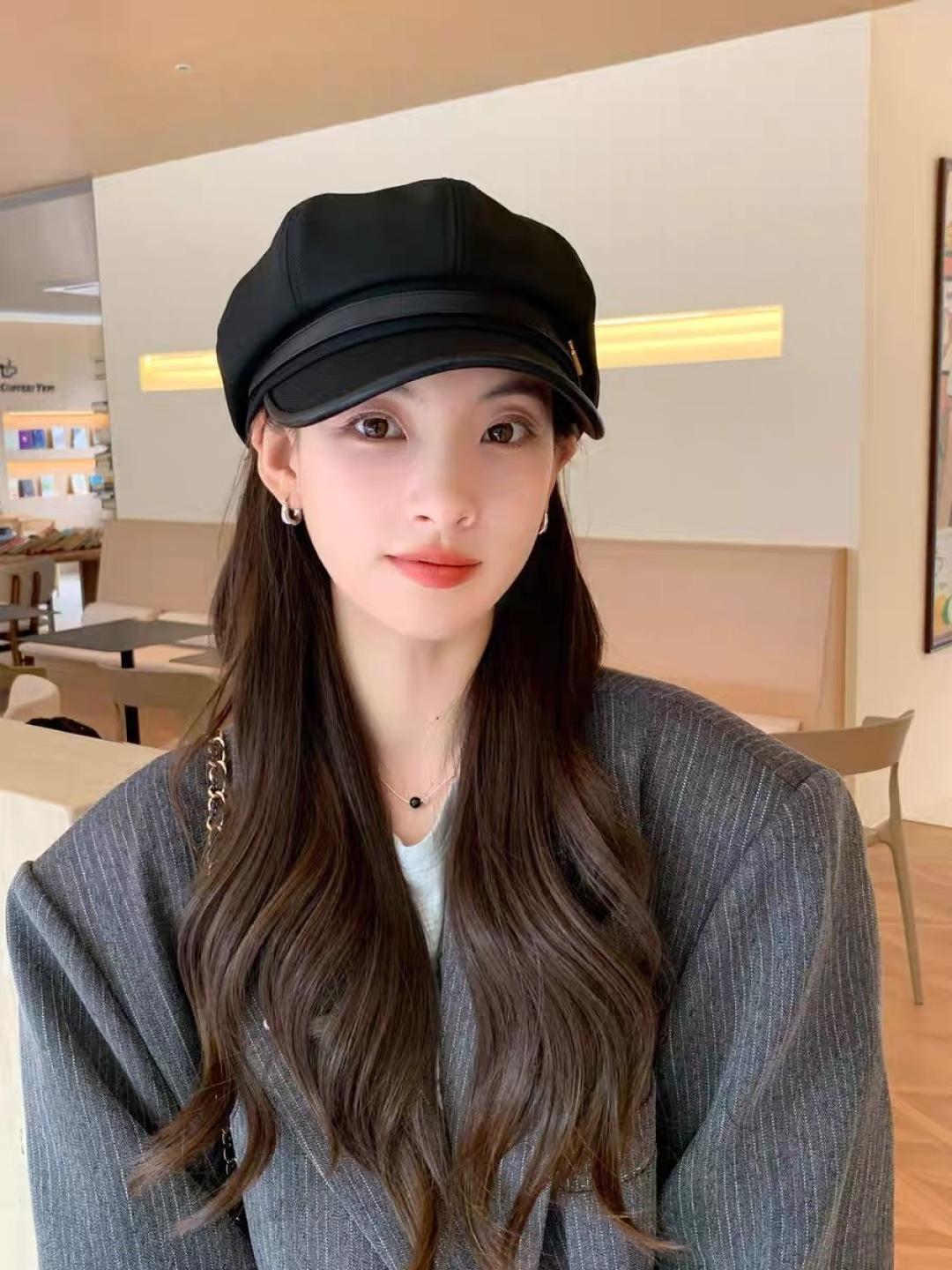  香奈儿 八角帽子女四季款棉质百搭贝雷帽英伦复古大头
围品脸小鸭舌报童帽