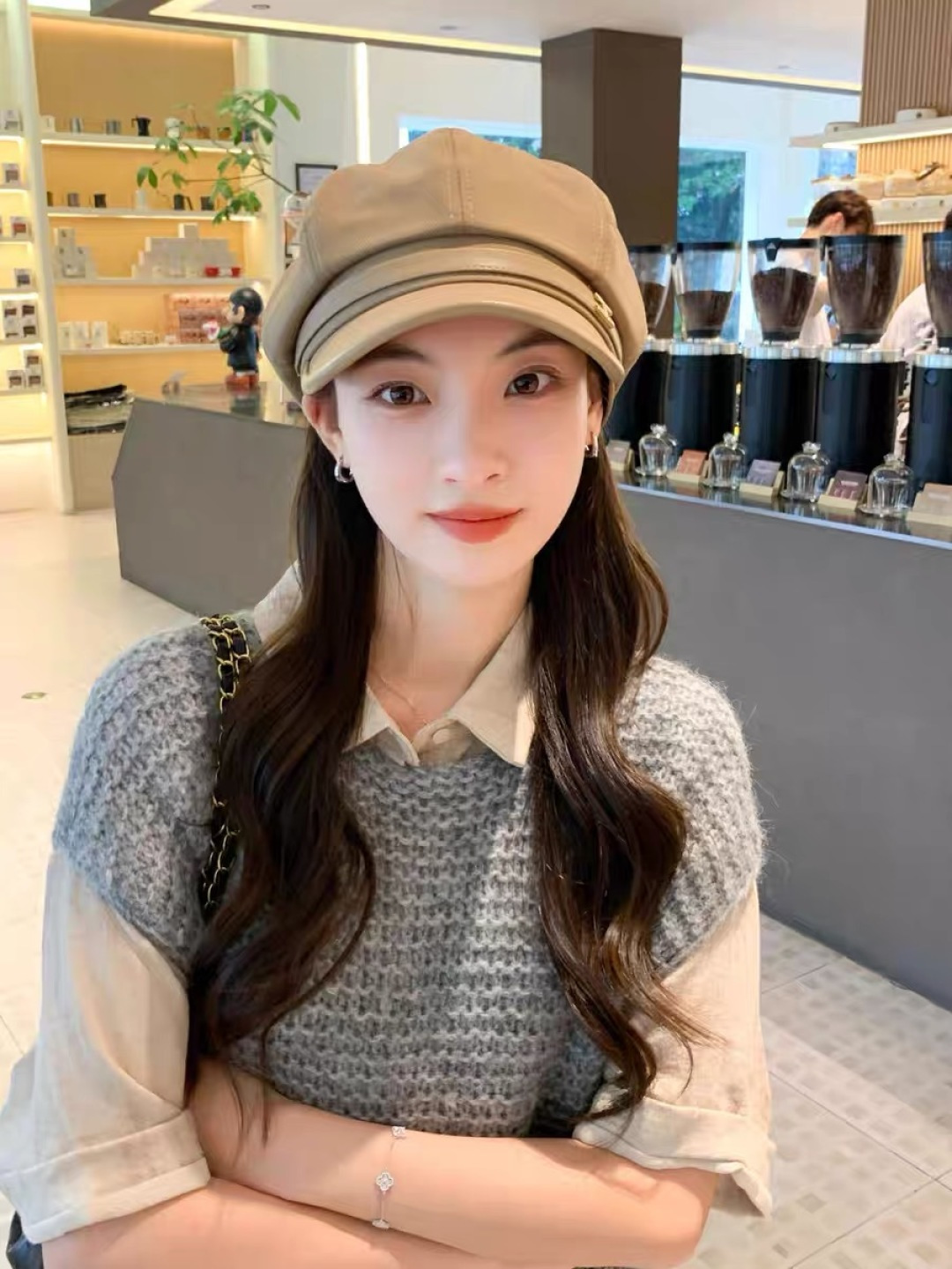  香奈儿 八角帽子女四季款棉质百搭贝雷帽英伦复古大头
围品脸小鸭舌报童帽