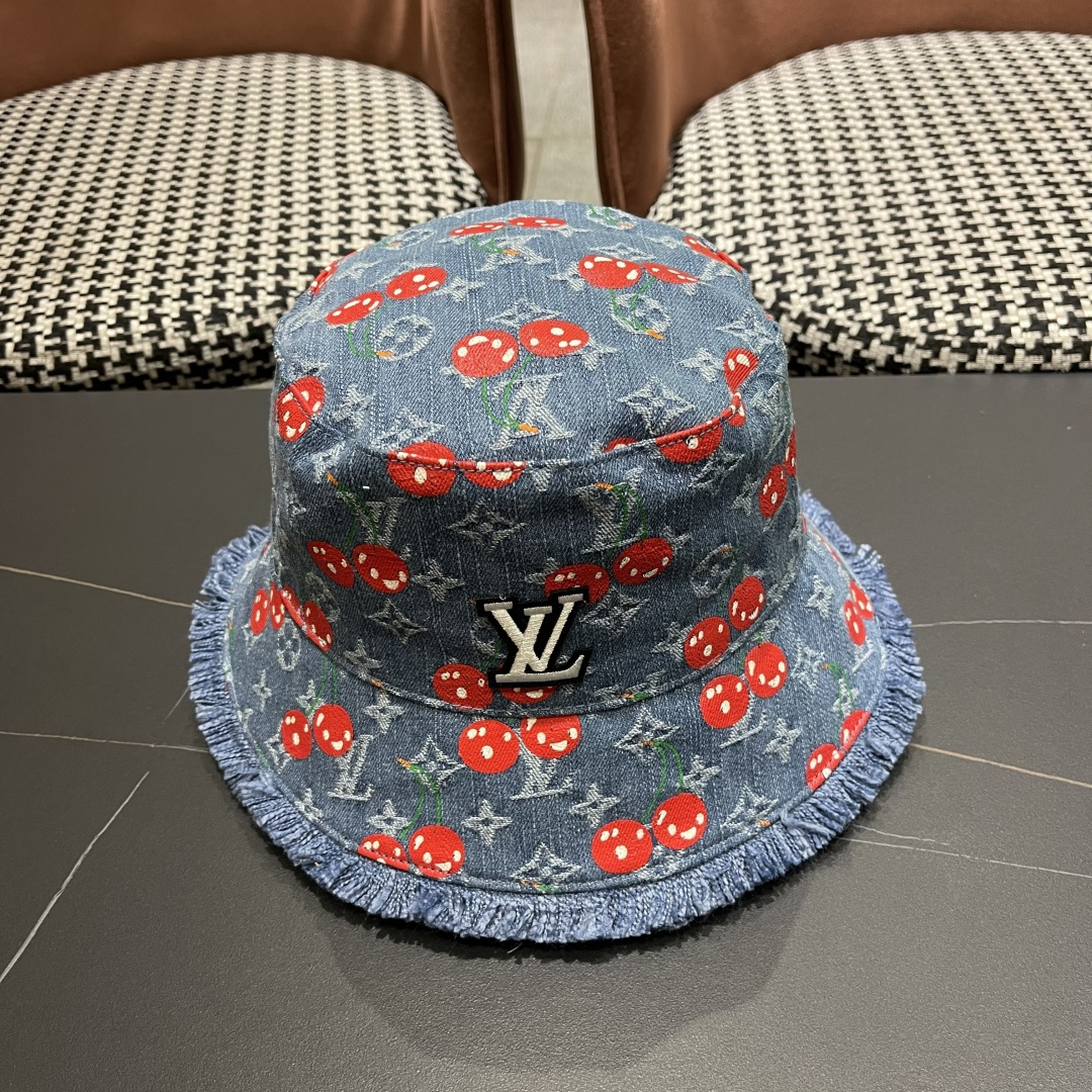  渔夫帽  棒球帽 Lv路易威登2025 新款可爱樱桃遮阳帽女透气渔夫帽牛仔蓝
度假旅游拍照棒球帽子