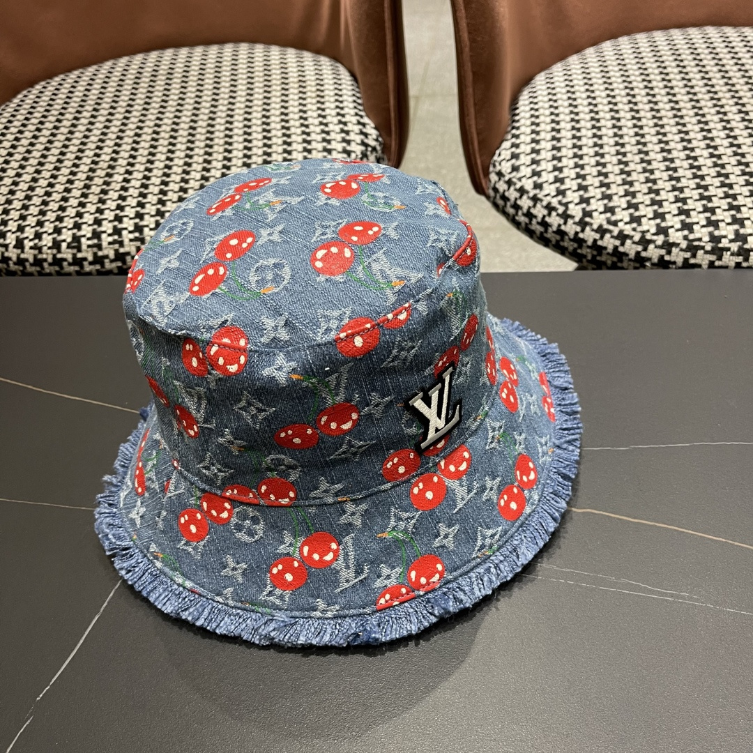  渔夫帽  棒球帽 Lv路易威登2025 新款可爱樱桃遮阳帽女透气渔夫帽牛仔蓝
度假旅游拍照棒球帽子
