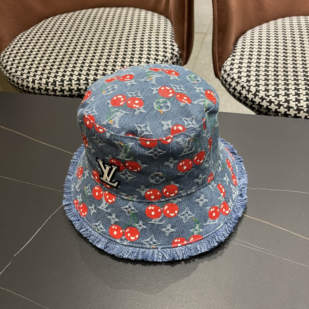  渔夫帽  棒球帽 Lv路易威登2025 新款可爱樱桃遮阳帽女透气渔夫帽牛仔蓝
度假旅游拍照棒球帽子