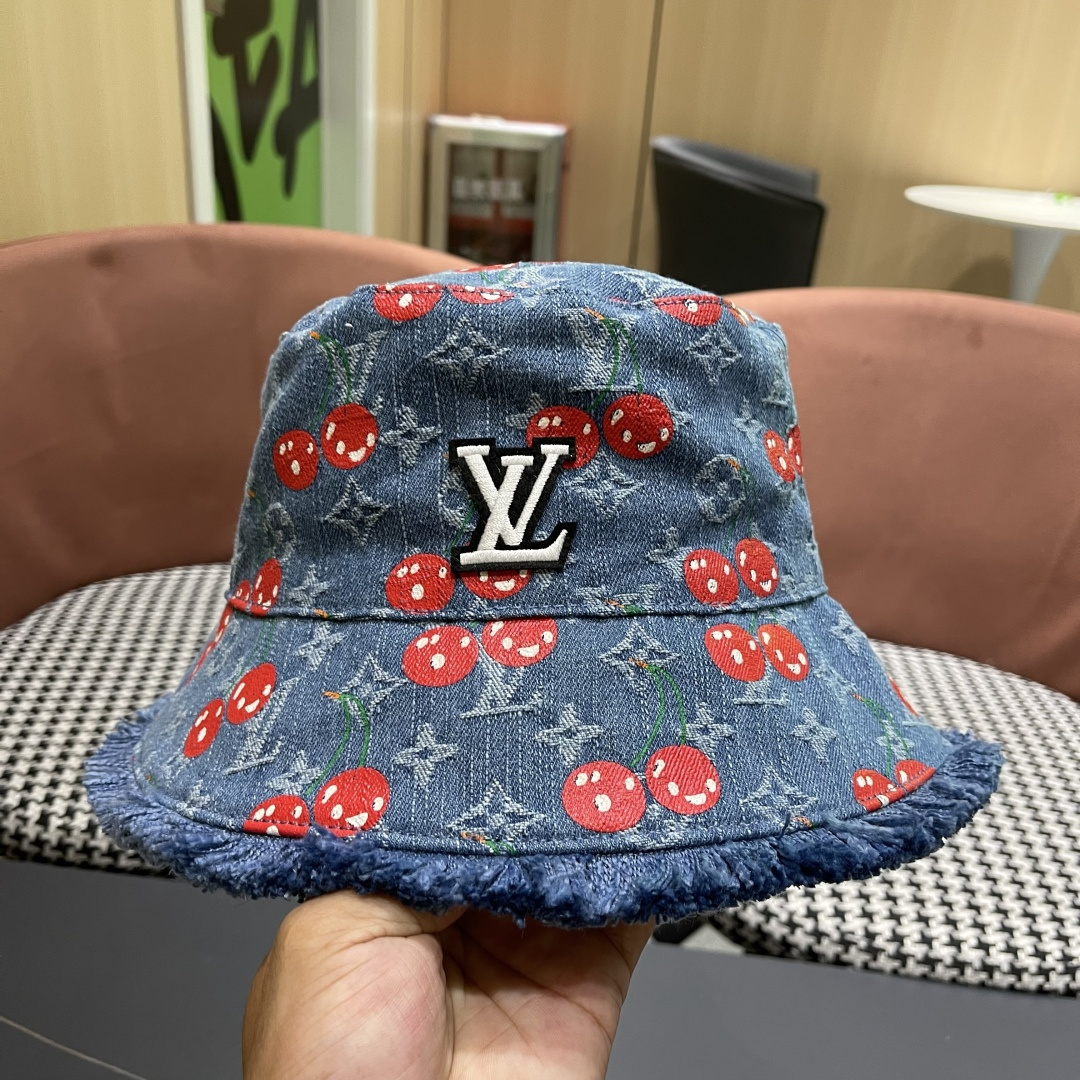  渔夫帽  棒球帽 Lv路易威登2025 新款可爱樱桃遮阳帽女透气渔夫帽牛仔蓝
度假旅游拍照棒球帽子