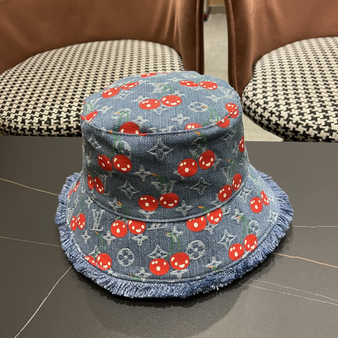  渔夫帽  棒球帽 Lv路易威登2025 新款可爱樱桃遮阳帽女透气渔夫帽牛仔蓝
度假旅游拍照棒球帽子