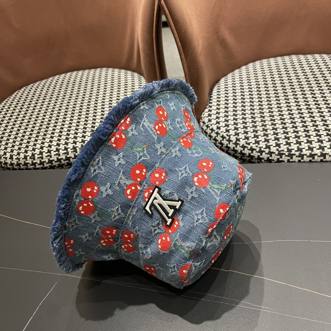  渔夫帽  棒球帽 Lv路易威登2025 新款可爱樱桃遮阳帽女透气渔夫帽牛仔蓝
度假旅游拍照棒球帽子