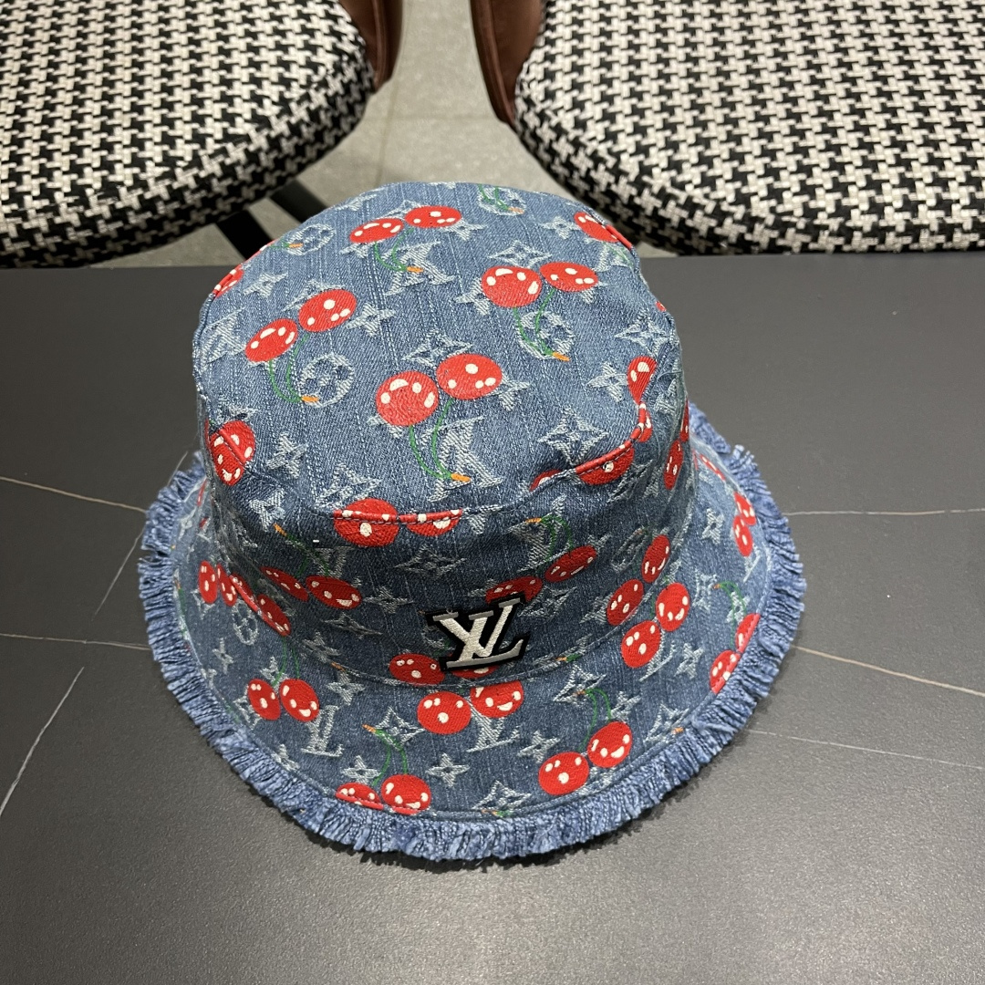  渔夫帽  棒球帽 Lv路易威登2025 新款可爱樱桃遮阳帽女透气渔夫帽牛仔蓝
度假旅游拍照棒球帽子