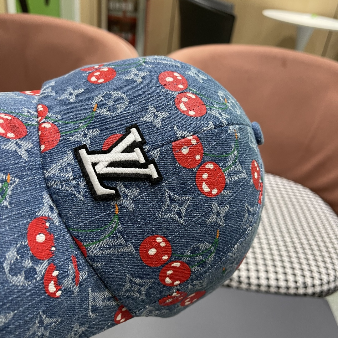  渔夫帽  棒球帽 Lv路易威登2025 新款可爱樱桃遮阳帽女透气渔夫帽牛仔蓝
度假旅游拍照棒球帽子