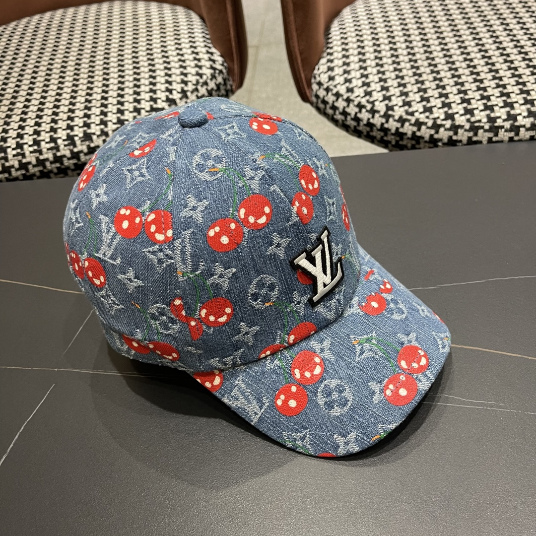 渔夫帽  棒球帽 Lv路易威登2025 新款可爱樱桃遮阳帽女透气渔夫帽牛仔蓝
度假旅游拍照棒球帽子