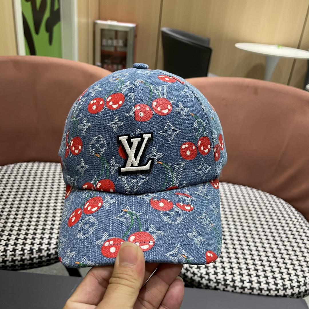  渔夫帽  棒球帽 Lv路易威登2025 新款可爱樱桃遮阳帽女透气渔夫帽牛仔蓝
度假旅游拍照棒球帽子
