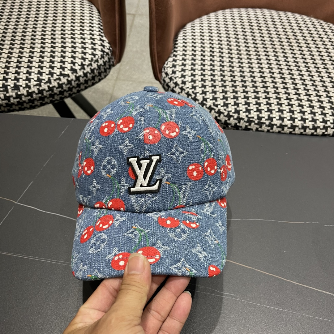  渔夫帽  棒球帽 Lv路易威登2025 新款可爱樱桃遮阳帽女透气渔夫帽牛仔蓝
度假旅游拍照棒球帽子