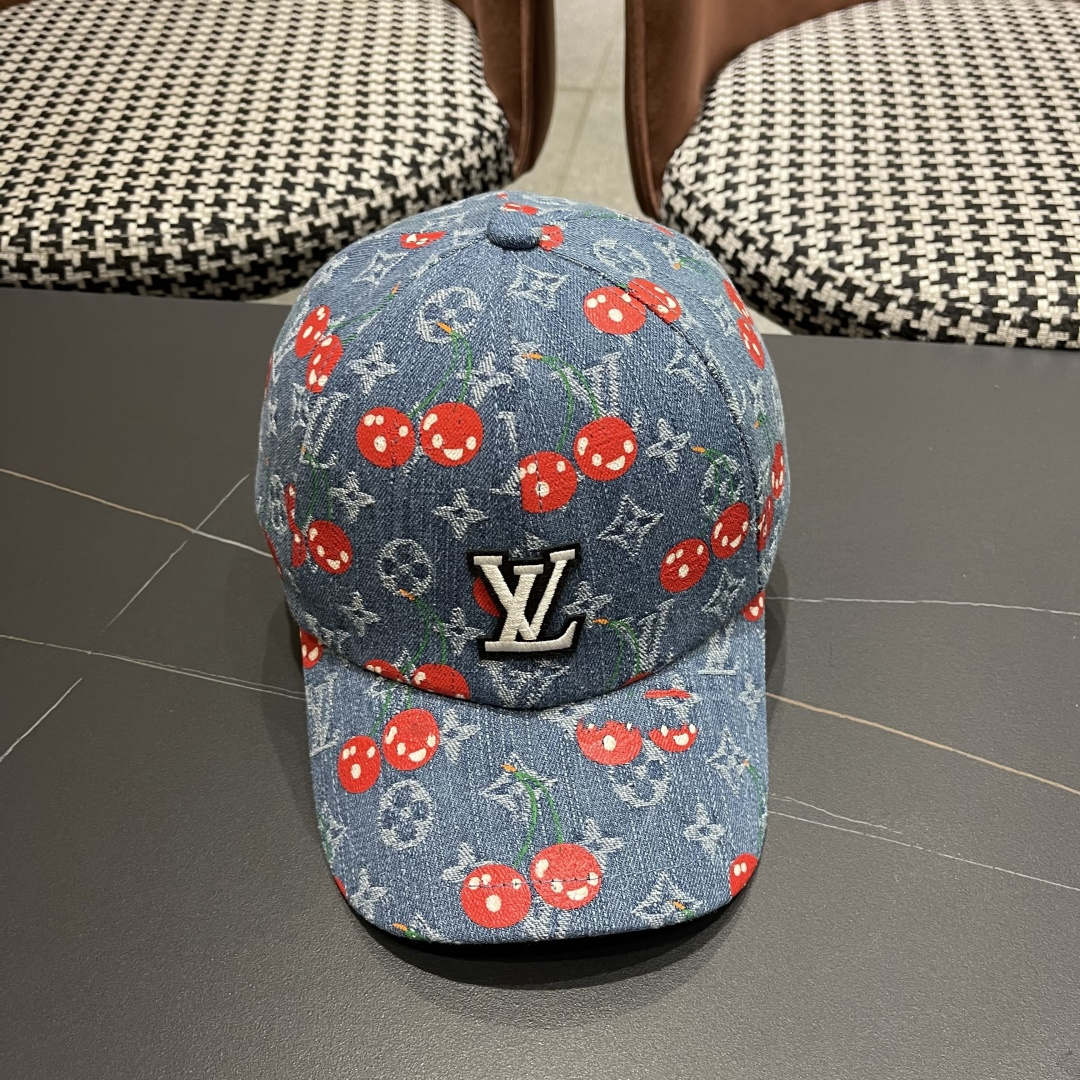  渔夫帽  棒球帽 Lv路易威登2025 新款可爱樱桃遮阳帽女透气渔夫帽牛仔蓝
度假旅游拍照棒球帽子