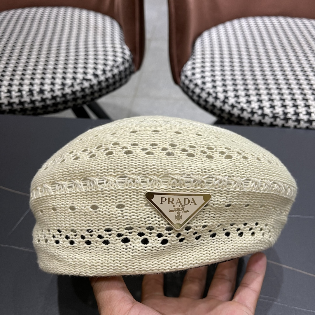  普拉达 纯色镂空薄款贝雷帽女2025新款夏季文艺百搭画家帽时尚八角帽