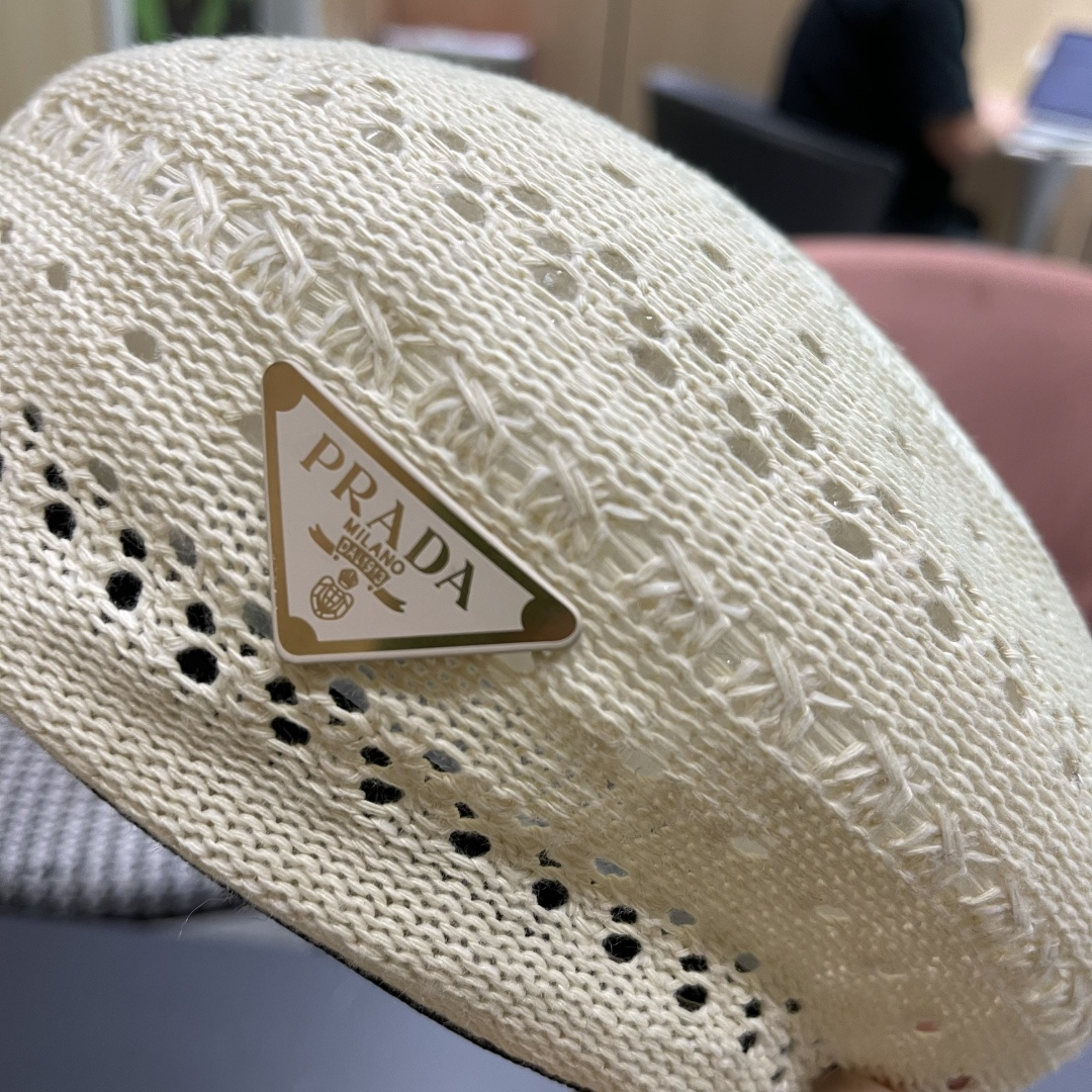  普拉达 纯色镂空薄款贝雷帽女2025新款夏季文艺百搭画家帽时尚八角帽
