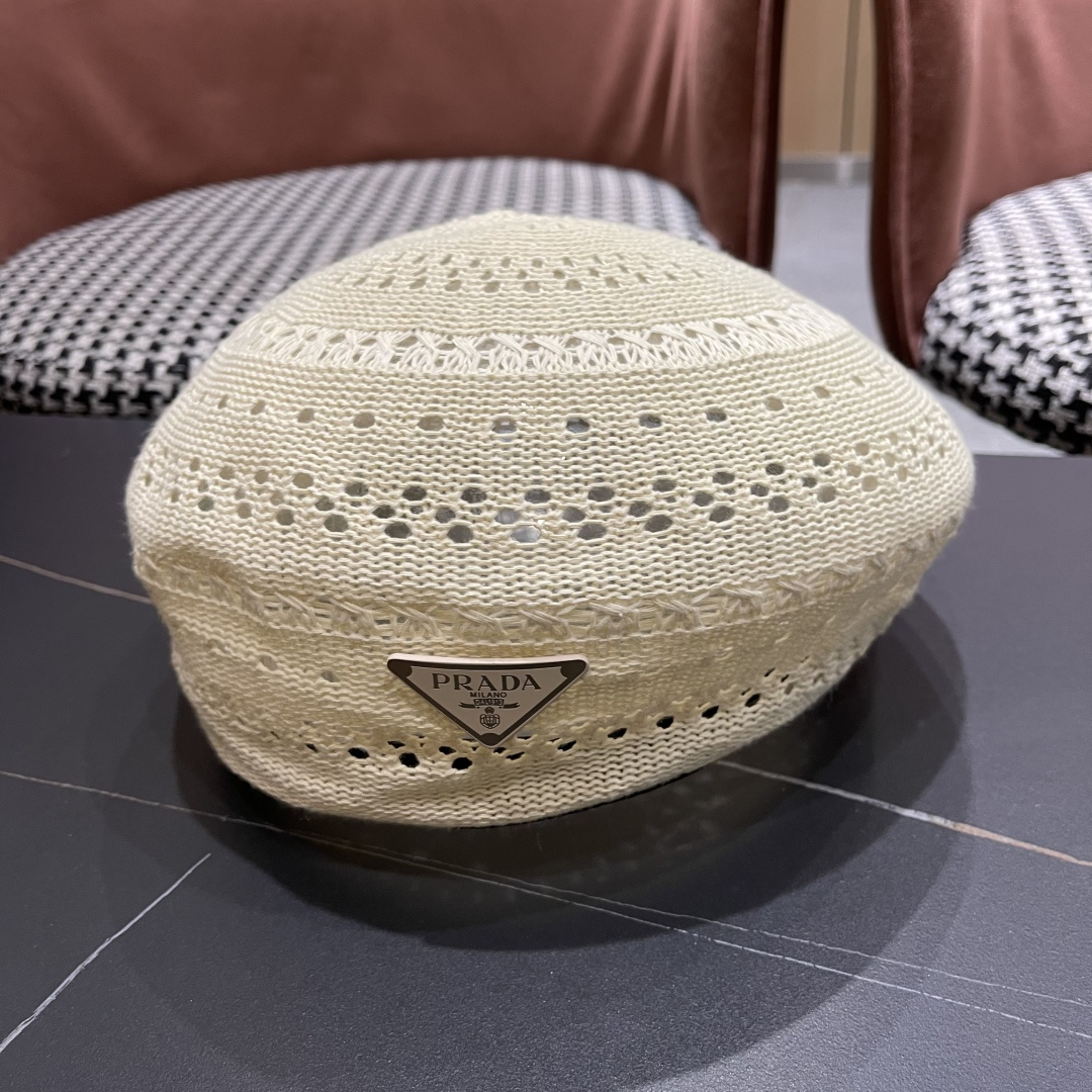  普拉达 纯色镂空薄款贝雷帽女2025新款夏季文艺百搭画家帽时尚八角帽