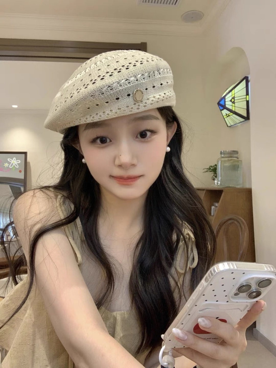  普拉达 纯色镂空薄款贝雷帽女2025新款夏季文艺百搭画家帽时尚八角帽