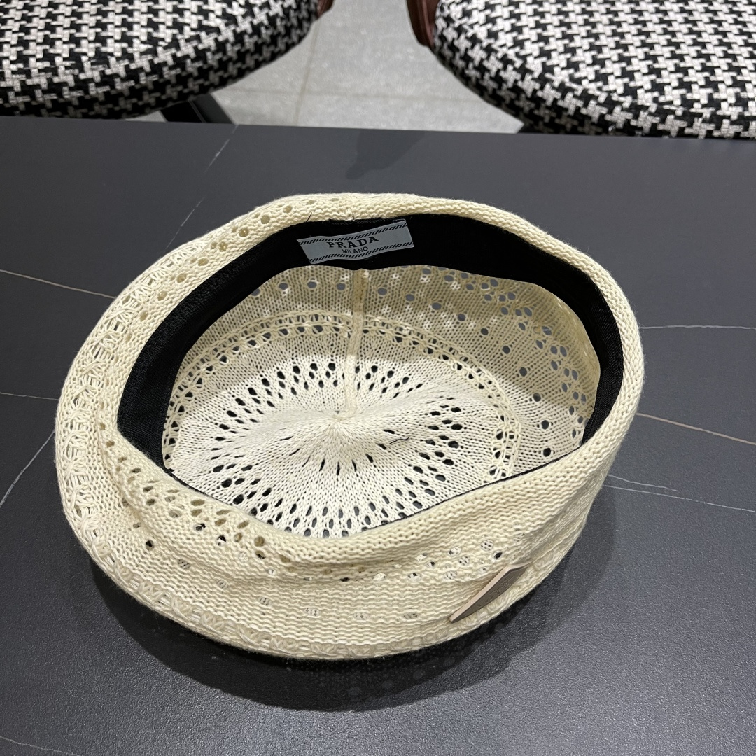  普拉达 纯色镂空薄款贝雷帽女2025新款夏季文艺百搭画家帽时尚八角帽