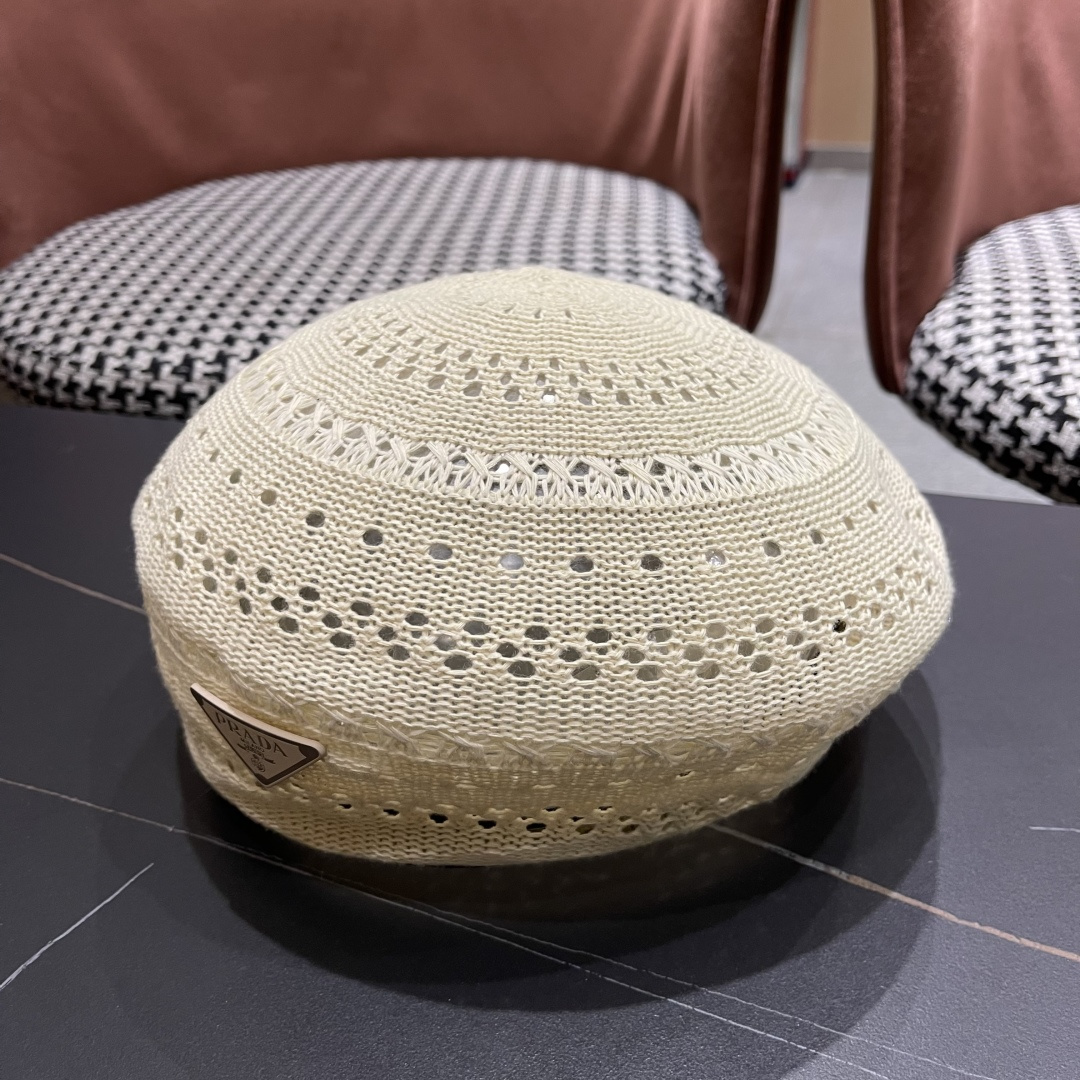  普拉达 纯色镂空薄款贝雷帽女2025新款夏季文艺百搭画家帽时尚八角帽