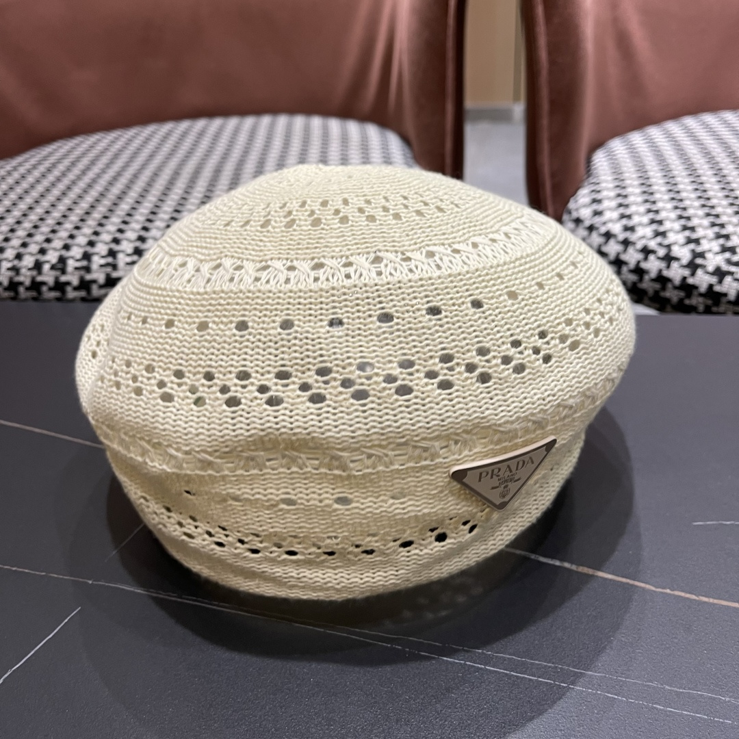  普拉达 纯色镂空薄款贝雷帽女2025新款夏季文艺百搭画家帽时尚八角帽