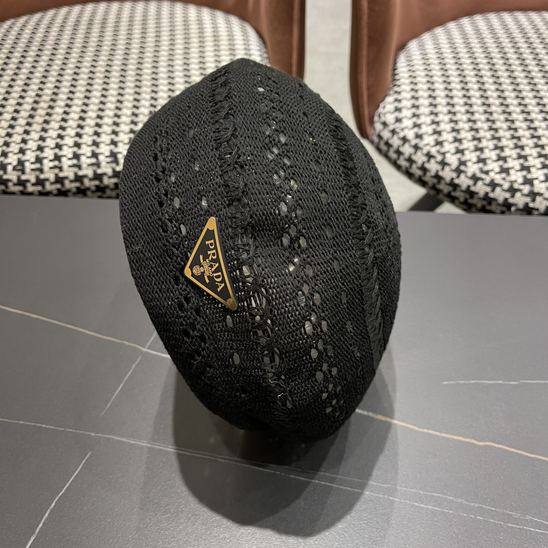  普拉达 纯色镂空薄款贝雷帽女2025新款夏季文艺百搭画家帽时尚八角帽