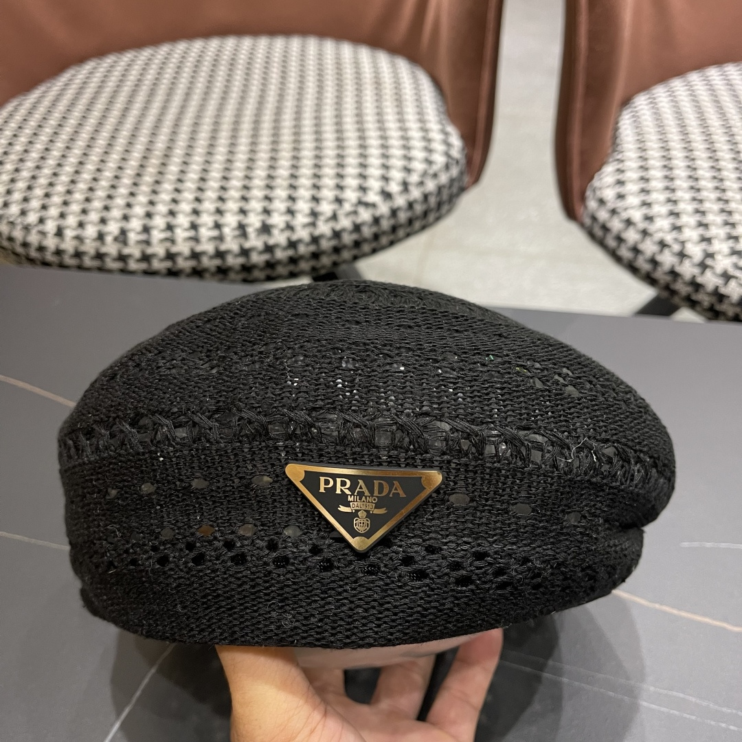  普拉达 纯色镂空薄款贝雷帽女2025新款夏季文艺百搭画家帽时尚八角帽
