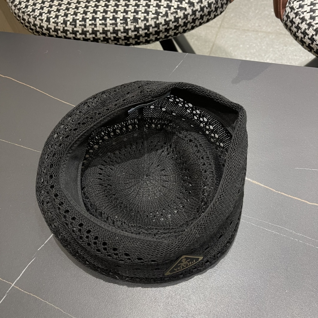  普拉达 纯色镂空薄款贝雷帽女2025新款夏季文艺百搭画家帽时尚八角帽