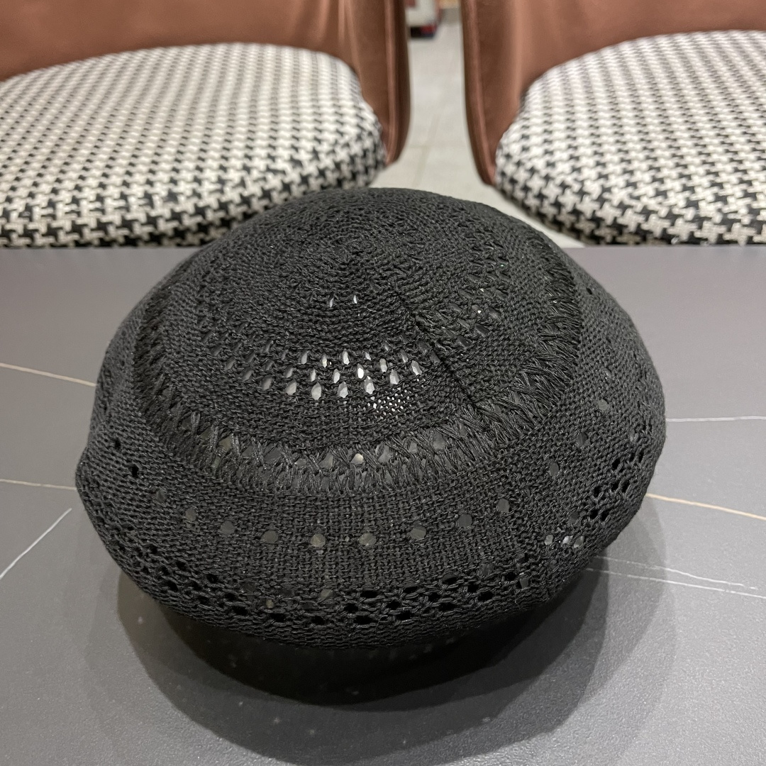  普拉达 纯色镂空薄款贝雷帽女2025新款夏季文艺百搭画家帽时尚八角帽