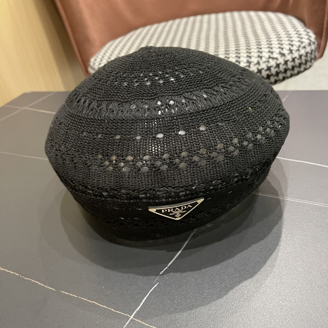  普拉达 纯色镂空薄款贝雷帽女2025新款夏季文艺百搭画家帽时尚八角帽