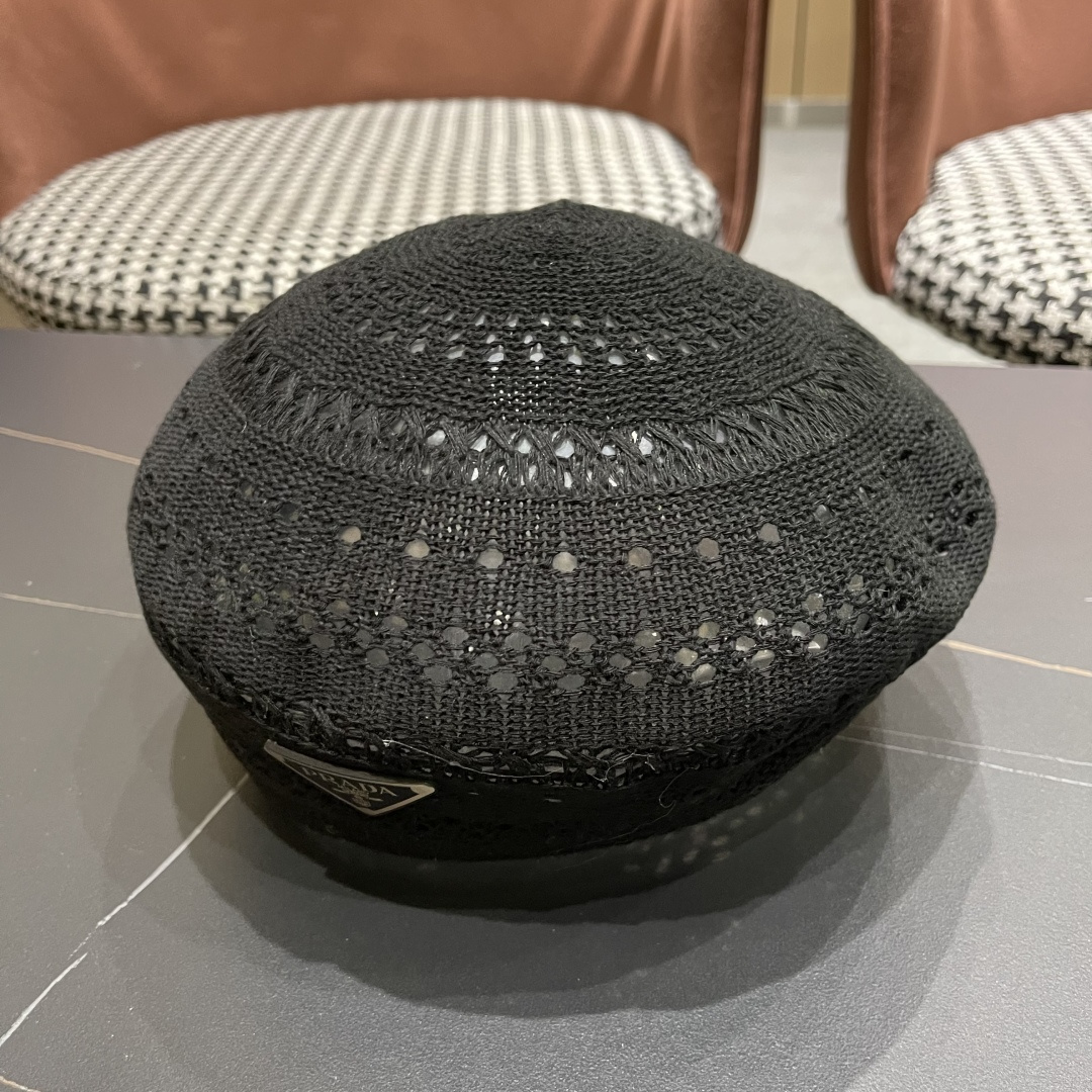  普拉达 纯色镂空薄款贝雷帽女2025新款夏季文艺百搭画家帽时尚八角帽