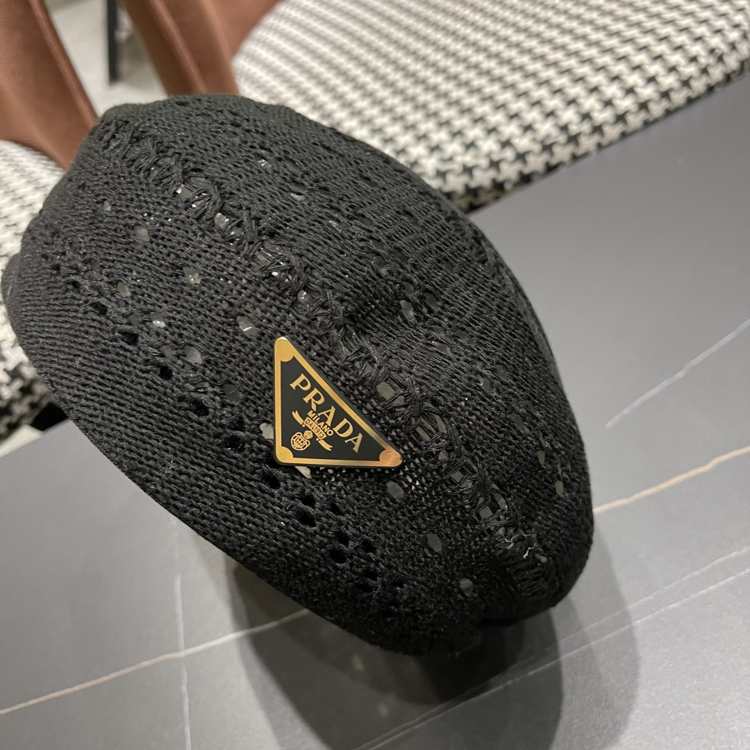  普拉达 纯色镂空薄款贝雷帽女2025新款夏季文艺百搭画家帽时尚八角帽