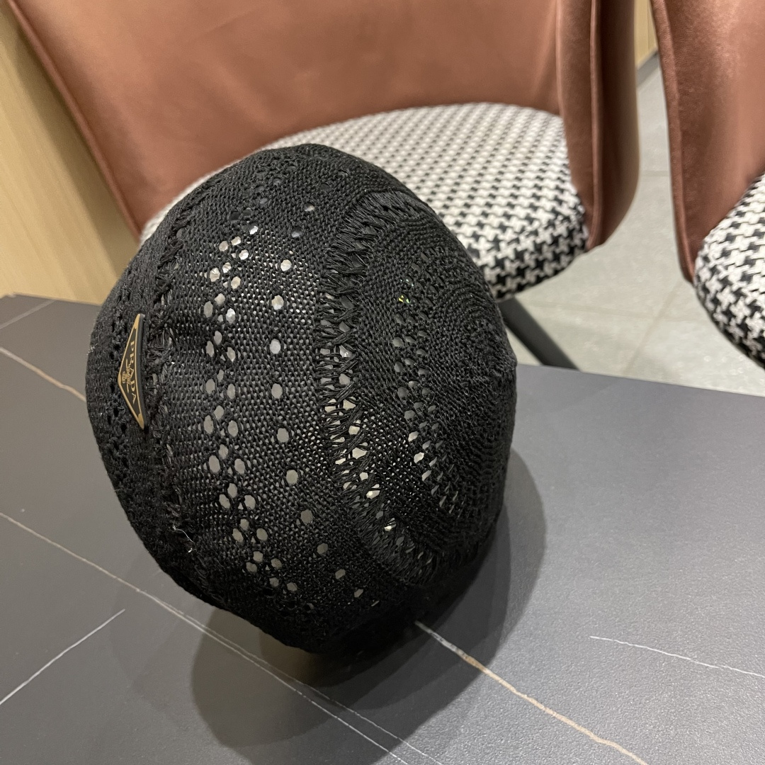  普拉达 纯色镂空薄款贝雷帽女2025新款夏季文艺百搭画家帽时尚八角帽