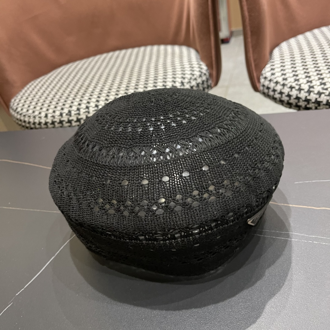  普拉达 纯色镂空薄款贝雷帽女2025新款夏季文艺百搭画家帽时尚八角帽