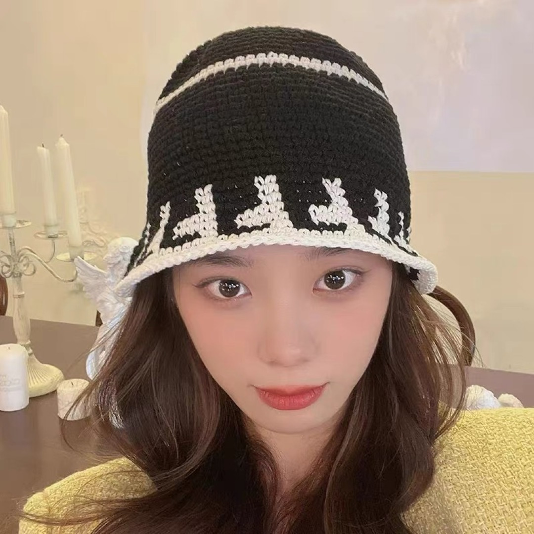  芬迪 春秋韩版手工编织小众绣花盆帽薄款气质出街显
脸小渔夫帽毛线帽潮