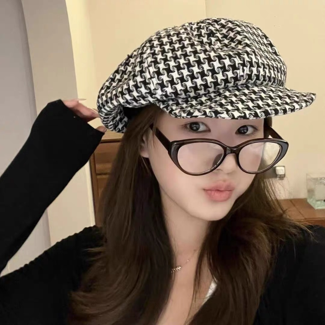  香奈儿 千鸟格云朵八角帽子女时尚秋冬复古英伦画家帽
韩版时尚百搭贝雷帽