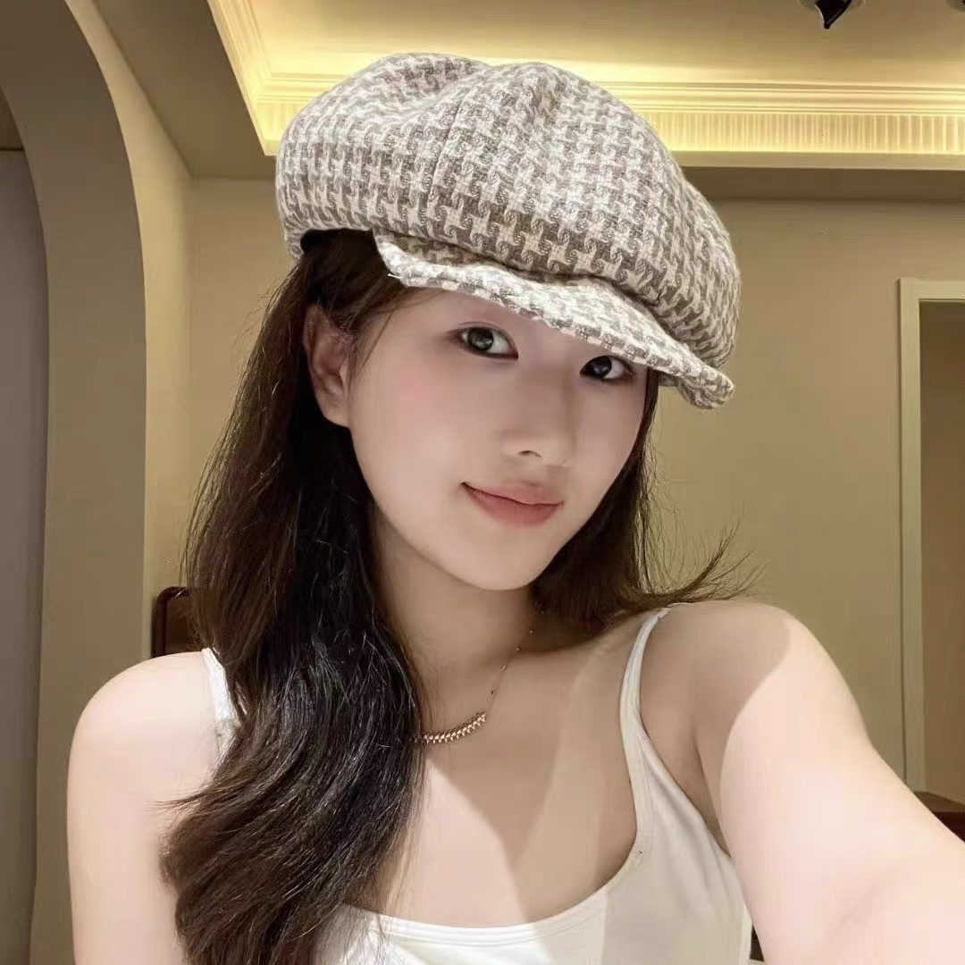  香奈儿 千鸟格云朵八角帽子女时尚秋冬复古英伦画家帽
韩版时尚百搭贝雷帽