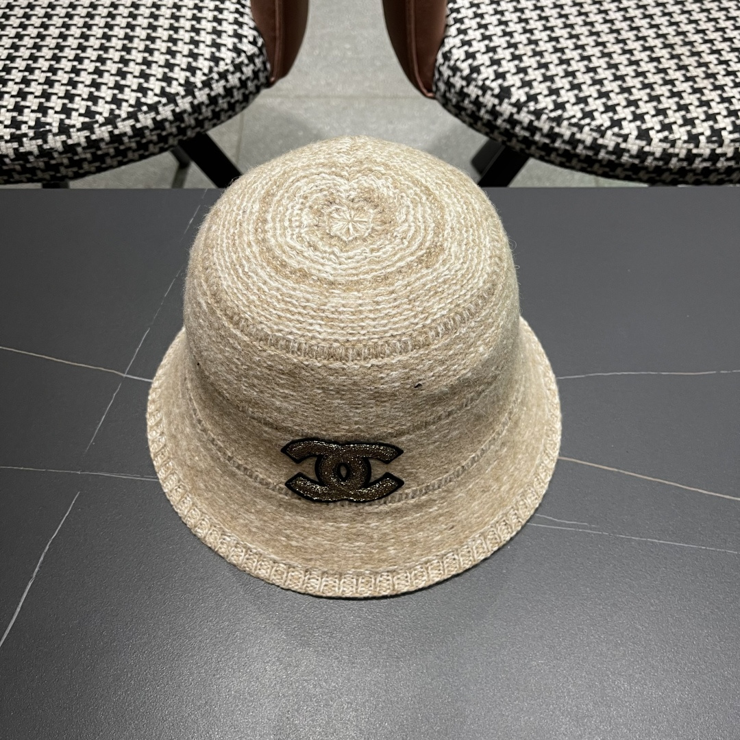  香奈儿 2025混色针织简约新款渔夫帽女士春季气
质百搭防晒水桶帽遮阳盆帽子潮