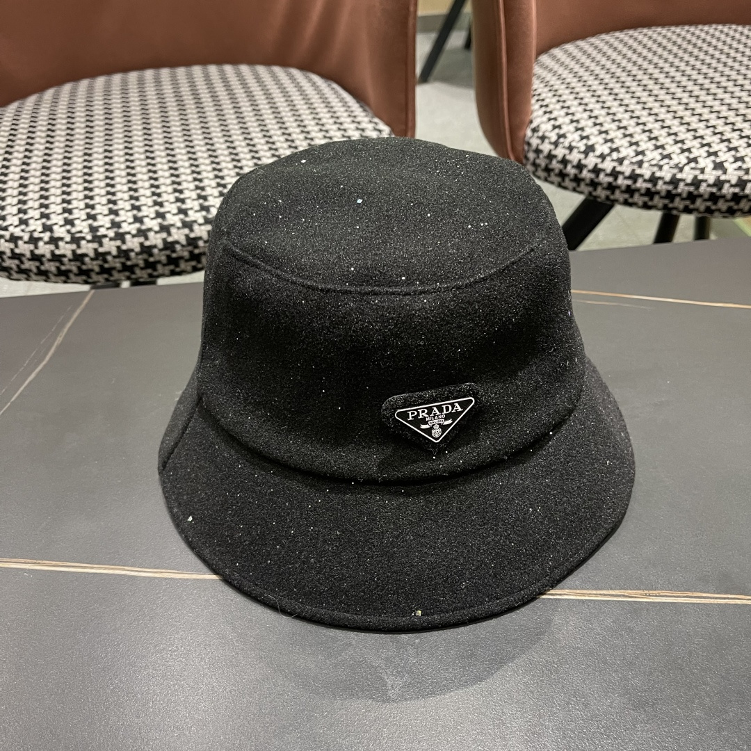 普拉达 黑钻亮线隐闪渔夫帽夏透气女帽子柔软显脸小遮阳帽韩版百搭黑盆帽