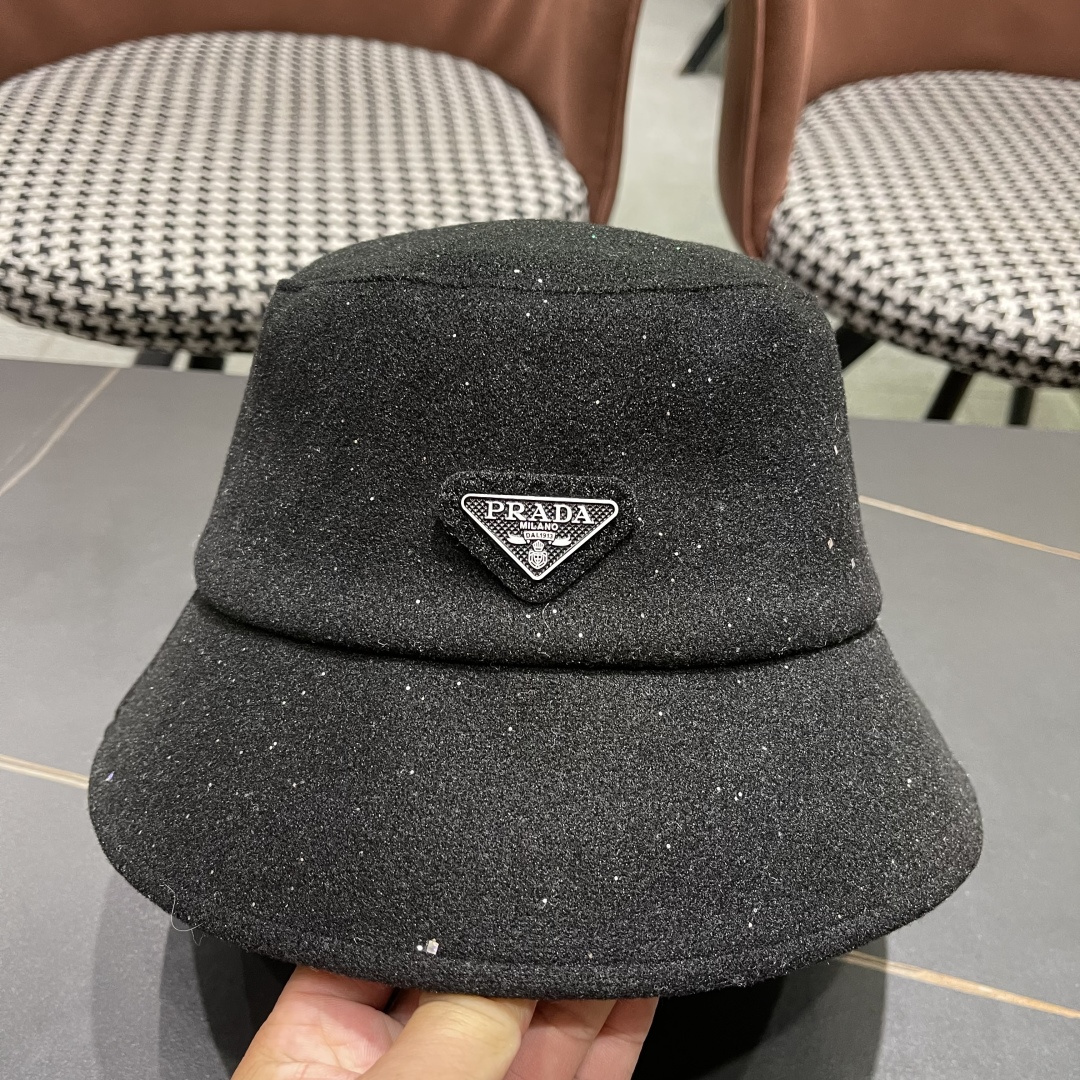 普拉达 黑钻亮线隐闪渔夫帽夏透气女帽子柔软显脸小遮阳帽韩版百搭黑盆帽