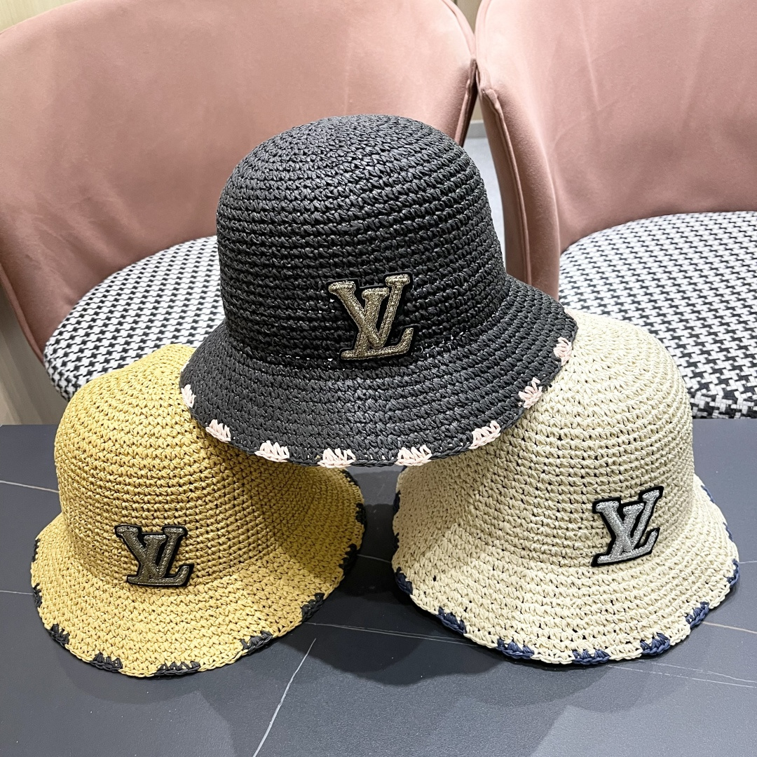  lv路易威登 新款渔夫帽子女出游甜美百搭防晒流苏镂空遮阳草帽潮
