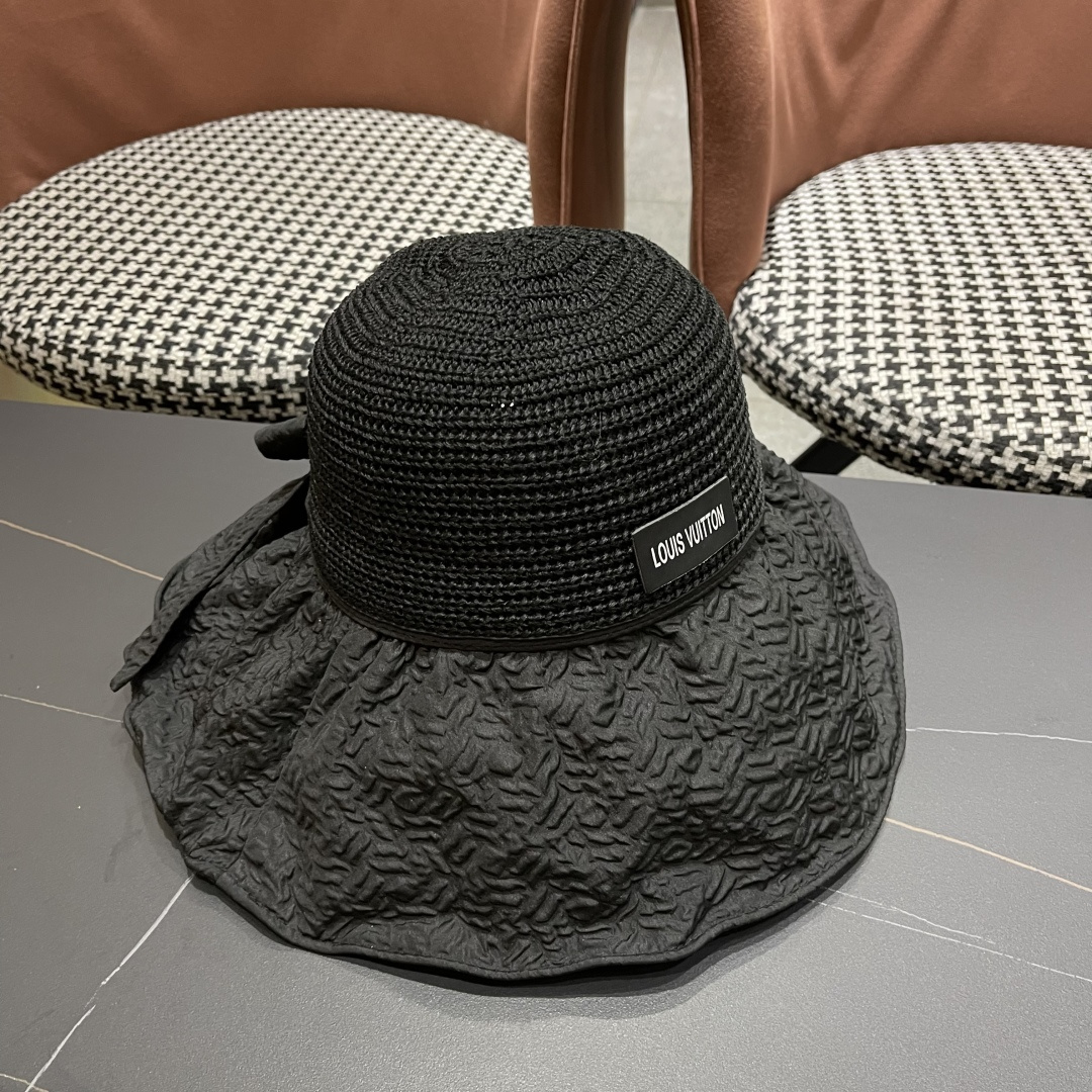  Lv路易威登 夏季出游遮阳防晒帽大檐防紫外线气
质百搭潮太阳帽子女蝴蝶结草帽