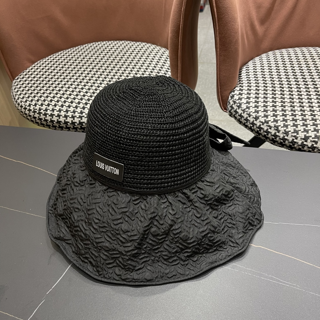  Lv路易威登 夏季出游遮阳防晒帽大檐防紫外线气
质百搭潮太阳帽子女蝴蝶结草帽