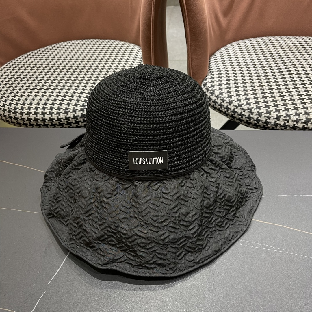  Lv路易威登 夏季出游遮阳防晒帽大檐防紫外线气
质百搭潮太阳帽子女蝴蝶结草帽
