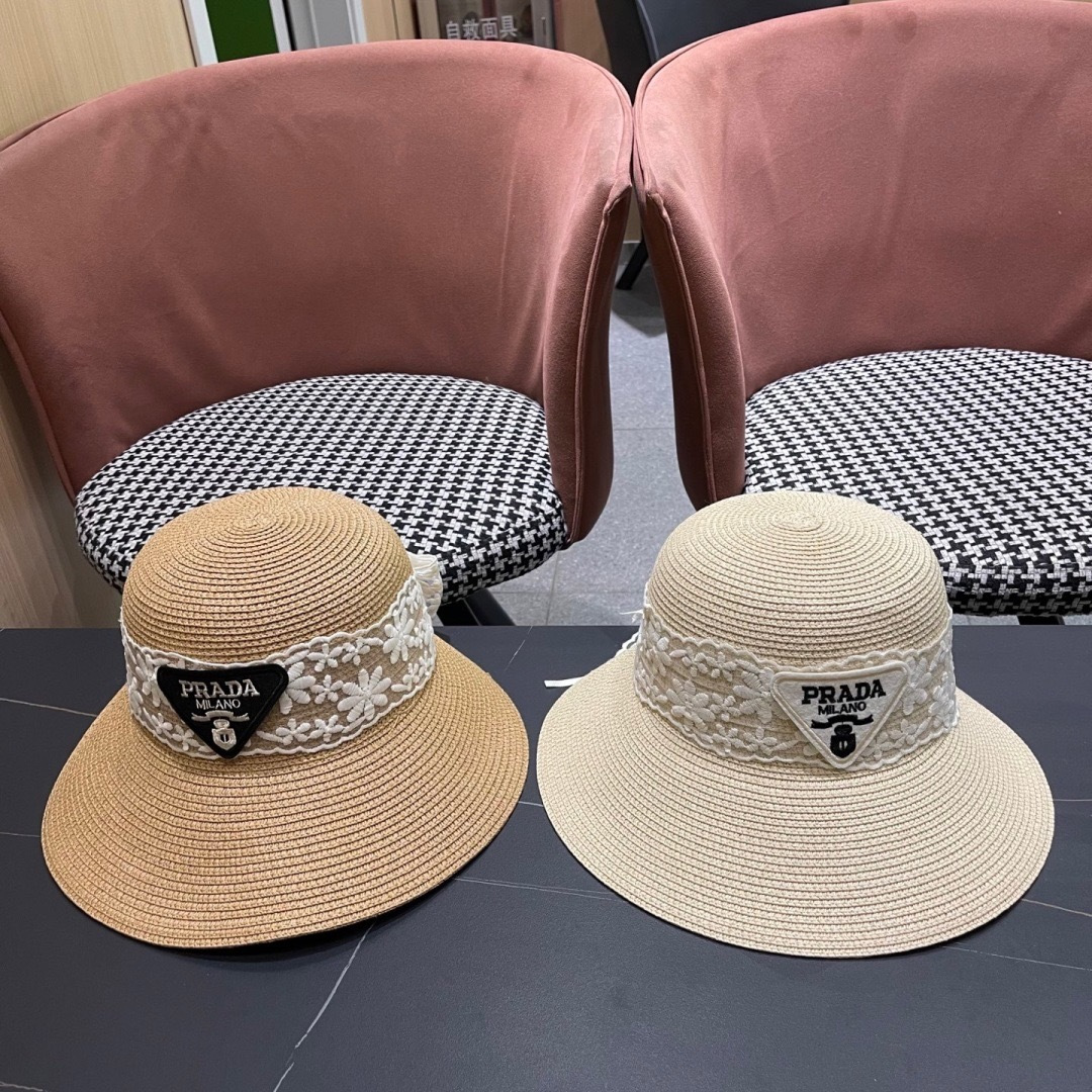  Prada普拉达2025夏休闲大檐草帽女百搭遮阳度假粗草沙滩帽防晒太阳帽