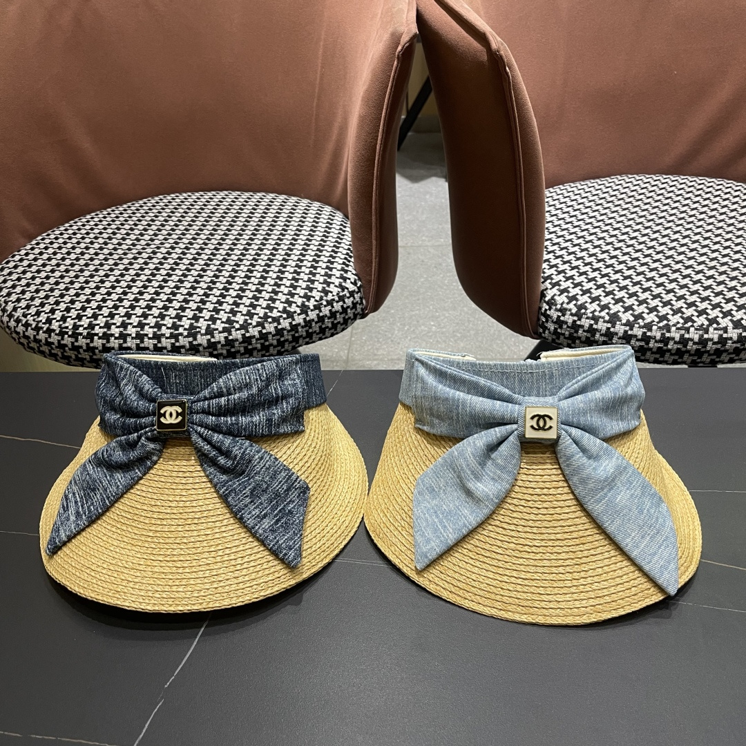  香奈儿CHANEL 2025新款蝴蝶结草编空顶帽女夏出游大
檐防紫外线遮阳太阳帽显脸小